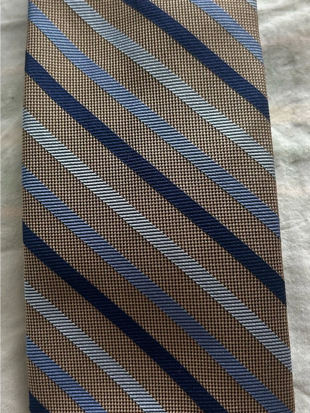 Brooks Brothers Makers 100% Silk Brown Tie Navy & Light Blue Stripes 4” Standard